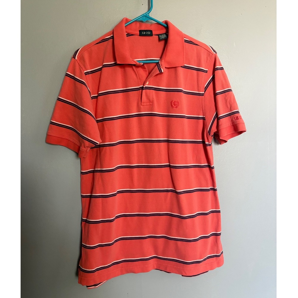 Y2K IZOD Mens Polo Shirt Coral Pink Navy Blue Stripe Short Sleeve Cotton Pique M